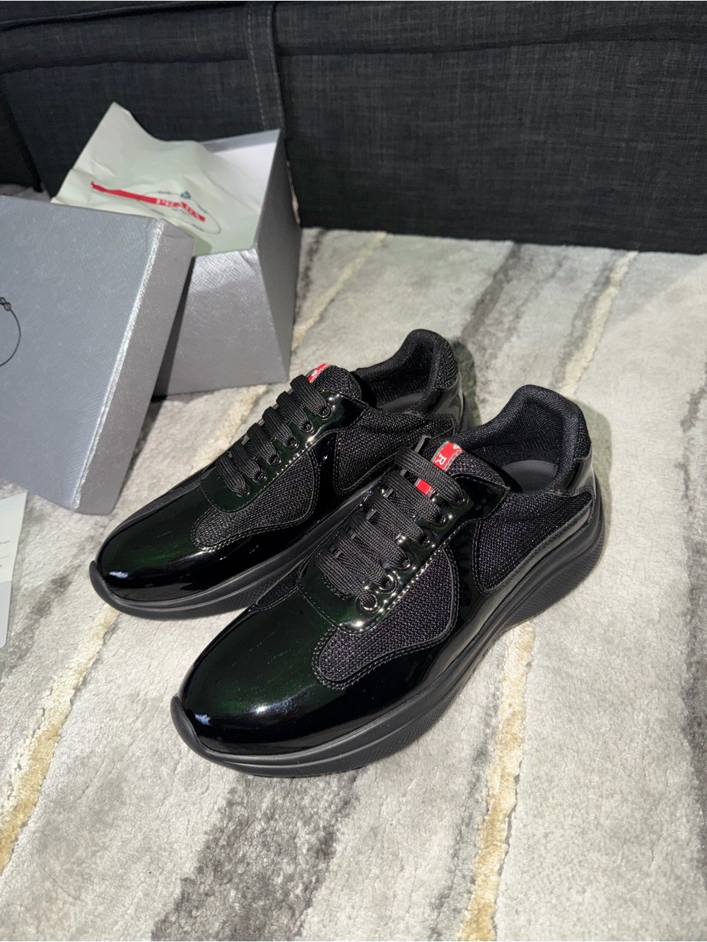 Authentic Prada Linea Rossa America’s Cup Black Patent Leather & Mesh Sneakers